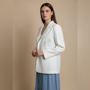 White Embroidered Lapel Blazer - Women's Tailored Jacket